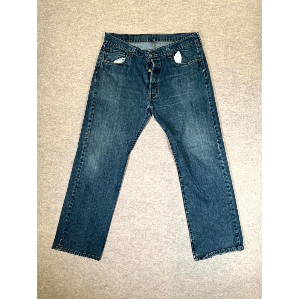 Levis 501 Original Fit Jeans Mens 36x30 Blue Whiskered Denim Cotton Straight Leg